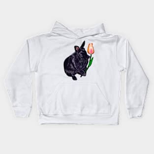 Cute black lionhead bunny rabbit with orange tulip -  Rabbits Kids Hoodie